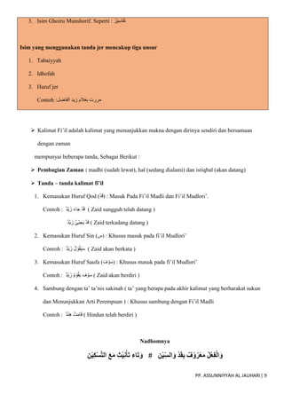 PP. ASSUNNIYYAH AL JAUHARI| 9
3. Isim Ghoiru Munshorif. Seperti : ُ‫ْر‬‫ي‬ِ‫س‬‫ا‬َ‫ف‬َ‫ت‬
Isim yang menggunakan tanda jer mencakup tiga unsur
1. Tabaiyyah
2. Idhofah
3. Huruf jer
Contoh :‫الفاضل‬ ‫زيد‬ ‫بغالم‬ ‫مررت‬
 Kalimat Fi’il adalah kalimat yang menunjukkan makna dengan dirinya sendiri dan bersamaan
dengan zaman
mempunyai beberapa tanda, Sebagai Berikut :
 Pembagian Zaman : madhi (sudah lewat), hal (sedang dialami) dan istiqbal (akan datang)
 Tanda – tanda kalimat fi’il
1. Kemasukan Huruf Qod (ْ‫د‬َ‫ق‬) : Masuk Pada Fi’il Madli dan Fi’il Mudlori’.
Contoh : ‫ْد‬‫ي‬َ‫ز‬ َ‫ء‬‫ا‬َ‫ج‬ ْ‫د‬َ‫ق‬ ( Zaid sungguh telah datang )
َ‫ي‬ ْ‫د‬َ‫ق‬
‫ْد‬‫ي‬َ‫ز‬ ُ‫ئ‬ْ‫ي‬ ِ‫ج‬ ( Zaid terkadang datang )
2. Kemasukan Huruf Sin (‫)س‬ : Khusus masuk pada fi’il Mudlori’
Conroh : ‫ْد‬‫ي‬َ‫ز‬ ُ‫ل‬ ْ‫و‬ُ‫ق‬َ‫ي‬َ‫س‬ ( Zaid akan berkata )
3. Kemasukan Huruf Saufa ( َ‫ف‬ ْ‫و‬َ‫س‬) : Khusus masuk pada fi’il Mudlori’
Contoh : ‫ْد‬‫ي‬َ‫ز‬ ُ‫م‬ ْ‫و‬ُ‫ق‬َ‫ي‬ َ‫ف‬ ْ‫و‬َ‫س‬ ( Zaid akan berdiri )
4. Sambung dengan ta’ ta’nis sakinah ( ta’ yang berapa pada akhir kalimat yang berharakat sukun
dan Menunjukkan Arti Perempuan ) : Khusus sambung dengan Fi’il Madli
Contoh : ‫د‬ْ‫ن‬ِ‫ه‬ ْ‫ت‬َ‫م‬‫ا‬َ‫ق‬ ( Hindun telah berdiri )
Nadhomnya
ِ‫ن‬ْ‫ي‬ِ‫ك‬ْ‫س‬َّ‫ت‬‫ال‬ َ‫ع‬َ‫م‬ ِ‫ث‬ْ‫ي‬ِ‫ن‬ْ‫أ‬َ‫ت‬ ِ‫اء‬َ‫ت‬ َ‫و‬ # ِ‫ن‬ْ‫ي‬ِ‫الس‬ َ‫و‬ ْ‫د‬َ‫ق‬ِ‫ب‬ ٌ‫ف‬ ْ‫و‬ُ‫ر‬ْ‫ع‬َ‫م‬ ُ‫ل‬ْ‫ع‬ِ‫ف‬ْ‫ل‬‫ا‬َ‫و‬
 