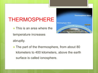 THERMOSPHERE 
 This is an area where the 
temperature increases 
abruptly. 
 The part of the thermosphere, from about 80 
kilometers to 400 kilometers, above the earth 
surface is called ionosphere. 
 