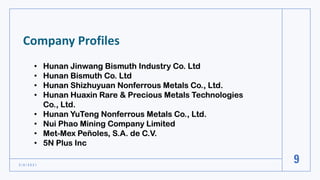 Company Profiles
3 / 8 / 2 0 2 1
9
• Hunan Jinwang Bismuth Industry Co. Ltd
• Hunan Bismuth Co. Ltd
• Hunan Shizhuyuan Nonferrous Metals Co., Ltd.
• Hunan Huaxin Rare & Precious Metals Technologies
Co., Ltd.
• Hunan YuTeng Nonferrous Metals Co., Ltd.
• Nui Phao Mining Company Limited
• Met-Mex Peñoles, S.A. de C.V.
• 5N Plus Inc
 