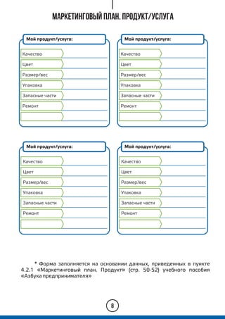 8
* Форма заполняется на основании данных, приведенных в пункте
4.2.1 «Маркетинговый план. Продукт» (стр. 50-52) учебного пособия
«Азбука предпринимателя»
Мой продукт/услуга:
Качество
Цвет
Размер/вес
Упаковка
Запасные части
Ремонт
Мой продукт/услуга:
Качество
Цвет
Размер/вес
Упаковка
Запасные части
Ремонт
Маркетинговый план. Продукт/Услуга
Мой продукт/услуга:
Качество
Цвет
Размер/вес
Упаковка
Запасные части
Ремонт
Мой продукт/услуга:
Качество
Цвет
Размер/вес
Упаковка
Запасные части
Ремонт
 
