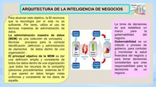 ARQUITECTURA DE LA INTELIGENCIA DE NEGOCIOS
La toma de decisiones
es que establece un
marco para la
gobernabilidad del
negocio.
Gobernabilidad es un
método o proceso de
gobierno ,para controlar
y monitorear la salud
financiera del negocio y
para tomar decisiones
consistentes que crea
responsabilidad para la
decisiones de un
negocio .
Para alcanzar este objetivo, la BI reconoce
que la tecnología por sí sola no es
suficiente. Por tanto, utiliza el uso de
técnicas maestras de administración de
datos.
La administración maestra de datos
(MDM) es una colección de conceptos ,
técnicas procesos para la correcta
identificación ,definición y administración
de elementos de datos dentro de una
organización .
El principal objetivo de la MDM es dar
una definición amplia y consistente de
todos los datos dentro de una organización
,que todos los recursos de la compañía
(personas ,procedimientos sistemas de IT
) que operen en datos tengan vistas
uniformes y consistente de los datos de
aquella.
 