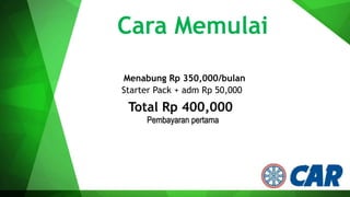 Cara Memulai
Menabung Rp 350,000/bulan
Starter Pack + adm Rp 50,000
Total Rp 400,000
Pembayaran pertama
 