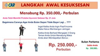 LANGKAH AWAL KESUKSESAN
Anda Telah Memiliki Proteksi Asuransi Sebesar Rp. 21 Juta
Bagaimana Caranya Agar Anda Bulan Depan Tidak Bayar Lagi ... ???
Ingat Ketika Anda Ingin Pasif Income
Maka Harus Membangun Jaringan
Ketika Anda Berhasil Mengajak 3 Orang
Teman Anda Untuk Menabung Maka
Anda akan Mendapatkan Bonus :
Rp. 350,000,-
Saldo Anda
Bulan Pertama
 