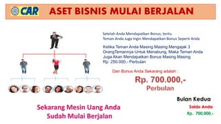 ASET BISNIS MULAI BERJALAN
Setelah Anda Mendapatkan Bonus, tentu
Teman Anda Juga Ingin Mendapatkan Bonus Seperti Anda
Ketika Teman Anda Masing Masing Mengajak 3
OrangTemannya Untuk Menabung, Maka Teman Anda
Juga Akan Mendapatkan Bonus Masing Masing
Rp. 250.000,- Perbulan
Dan Bonus Anda Sekarang adalah :
Sekarang Mesin Uang Anda
Sudah Mulai Berjalan Rp. 700,000,-
Saldo Anda
Bulan Kedua
 