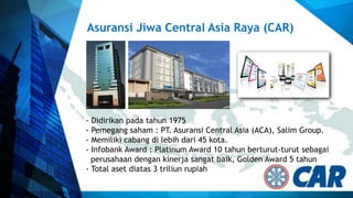 Asuransi Jiwa Central Asia Raya (CAR)

- Didirikan pada tahun 1975
- Pemegang saham : PT. Asuransi Central Asia (ACA), Salim Group.
- Memiliki cabang di lebih dari 45 kota.
- Infobank Award : Platinum Award 10 tahun berturut-turut sebagai
perusahaan dengan kinerja sangat baik, Golden Award 5 tahun
- Total aset diatas 3 triliun rupiah

 