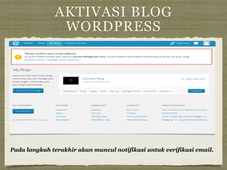 AKTIVASI BLOG
WORDPRESS
Pada langkah terakhir akan muncul notifikasi untuk verifikasi email.
 