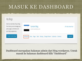 MASUK KE DASHBOARD
Dashboard merupakan halaman admin dari blog wordpress. Untuk
masuk ke halaman dashboard Klik “Dashboard”
 