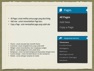 •  All#Pages:#untuk#melihat#semua#page#yang#ada#di#blog#
•  Add#new#:#untuk#menambahkan#Page#baru#
•  Copy#a#Page#:#utuk#menduplikat#page#yang#sudah#ada#
•  Theme%:%untuk%merubah%dan%memilih%theme%%
•  Customize:%untuk%mengedit%tema%yang%sudah%ak7f%
•  Widget:%untuk%menambahkan%dan%menghapus%widget%
•  Menus%:%untuk%pengaturan%menu%pada%tema%
•  Backgroud%:%untuk%merubah%background%disesuaikan%dengan%tema%
•  Custom%Design%:%untuk%merubah%Desain%css%dari%wordpress%%
•  Mobile%:%untuk%se7ngan%tampilan%di%mobile%
 