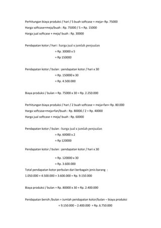 Perhitungan biaya produksi / hari / 5 buah softcase + meja= Rp. 75000
Harga softcase+meja/buah : Rp. 75000 / 5 = Rp. 15000
Harga jual softcase + meja/ buah : Rp. 30000
Pendapatan kotor / hari :
= Rp. 30000 x 5
= Rp 150000
Pendapatan kotor / bulan : pendapatan kotor / hari x 30
= Rp. 150000 x 30
= Rp. 4.500.000
Biaya produksi / bulan = Rp. 75000 x 30 = Rp. 2.250.000
Perhitungan biaya produksi / hari / 2 buah softcase + meja+fan= Rp. 80.000
Harga softcase+meja+fan/buah : Rp. 80000 / 2 = Rp. 40000
Harga jual softcase + meja/ buah : Rp. 60000
Pendapatan kotor / bulan :
= Rp. 60000 x 2
= Rp 120000
Pendapatan kotor / bulan : pendapatan kotor / hari x 30
= Rp. 120000 x 30
= Rp. 3.600.000
Total pendapatan kotor perbulan dari berbagain jenis barang :
1.050.000 + 4.500.000 + 3.600.000 = Rp. 9.150.000
Biaya produksi / bulan = Rp. 80000 x 30 = Rp. 2.400.000
Pendapatan bersih /bulan = Jumlah pendapatan kotor/bulan – biaya produksi
= 9.150.000 – 2.400.000 = Rp. 6.750.000
 