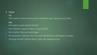  Tujuan
o Visi
• Memuaskan hasrat manusia akan kelezatan ayam geprek yang hakiki.
o Misi
• Menyajikan ayam geprek terbaik
• Menciptakan suasana makan yang kondusif
• Memastikan kepuasan pelanggan
• Menyediakan makanan dan minuman pendamping selengkap mungkin
• Menjaga standar terbaik dalam sajian dan pelayanannya
 