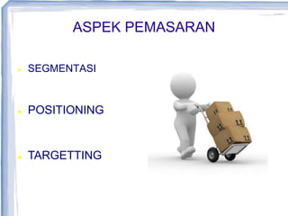 ASPEK PEMASARAN
 SEGMENTASI
 POSITIONING
 TARGETTING
 
