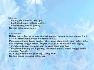 Pelengkap:
2 batang daun seledri, iris tipis
1 buah jeruk nipis, potong-potong
2 sdm bawang merah goreng
Sambal cabai rawit rebus
Cara membuat:
Rebus daging hingga empuk. Angkat, potong-potong daging ukuran 2 x 2
x ½ cm. Masukkan kembali ke dalam kaldu.
Panaskan minyak, tumis bumbu halus, serai, daun jeruk, daun salam, jahe,
dan lengkuas hingga harum. Angkat. Masukkan ke dalam kaldu daging.
Tambahkan tempe semangit dan bawang daun, didihkan.
Tambahkan bawang putih goreng, didihkan kembali, masak hingga bumbu
meresap. Angkat.
Atur taoge dalam mangkuk saji, tuangi kuah.
Sajikan panas bersama pelengkap.
 