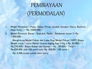 PEMBIAYAAN
(PERMODALAN)
1. Modal Peralatan ( Pisau, Gelas, Piring, sendok, kompor, Panci, Baskom,
Meja Kursi ) = Rp. 3.000.000 ,-
2. Modal Promosi( Baner , Spanduk, Radio , Selebaran koran )= Rp.
1.500.000,-
Menghitung Modal Pokok dan Laba Rugi Modal Pokok ( HPP) Biaya
Modal untuk 1 porsi Bahan Utama daging Sapi 3 Kg x Rp. 92.000,- =
Rp.276.000,- Biaya Bahan dan bumbu = Rp. 150.000,- Total =
Rp.426.000 Jadi 100 porsi soto Rp. 426.00 : 100 porsi =
Rp. 4.260 modal pokok soto/porsi
 