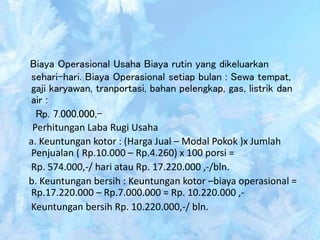 Biaya Operasional Usaha Biaya rutin yang dikeluarkan
sehari-hari. Biaya Operasional setiap bulan : Sewa tempat,
gaji karyawan, tranportasi, bahan pelengkap, gas, listrik dan
air :
Rp. 7.000.000,-
Perhitungan Laba Rugi Usaha
a. Keuntungan kotor : (Harga Jual – Modal Pokok )x Jumlah
Penjualan ( Rp.10.000 – Rp.4.260) x 100 porsi =
Rp. 574.000,-/ hari atau Rp. 17.220.000 ,-/bln.
b. Keuntungan bersih : Keuntungan kotor –biaya operasional =
Rp.17.220.000 – Rp.7.000.000 = Rp. 10.220.000 ,-
Keuntungan bersih Rp. 10.220.000,-/ bln.
 