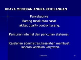 ALIT SURYANI 14
UPAYA MENEKAN ANGKA KEHILANGAN
Penyebabnya
Barang rusak atau cacat
akibat quality control kurang.
Pencurian internal dan pencurian eksternal.
Kesalahan administrasi,kesalahan membuat
laporan,kelalaian karyawan.
 