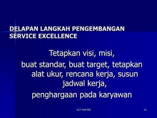 ALIT SURYANI 16
DELAPAN LANGKAH PENGEMBANGAN
SERVICE EXCELLENCE
Tetapkan visi, misi,
buat standar, buat target, tetapkan
alat ukur, rencana kerja, susun
jadwal kerja,
penghargaan pada karyawan
 