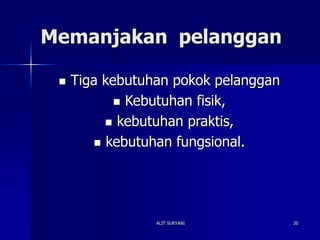 ALIT SURYANI 20
Memanjakan pelanggan
 Tiga kebutuhan pokok pelanggan
 Kebutuhan fisik,
 kebutuhan praktis,
 kebutuhan fungsional.
 