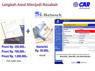 Premi Rp. 350.000,-
Premi Rp. 700.000,-
Premi Rp. 1.000.000,-
Starterkit
Rp. 50.000,-
Pilih Salah Satu
WAJIB
2322290+No.ID 6 Digit
Premi pertama transfer melalui rek virtual account :
Bank BCA , Bank BRI , dan Bank Mandiri
BBC Support System
 