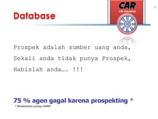 85
Prospek adalah sumber uang anda,
Sekali anda tidak punya Prospek,
Habislah anda…. !!!
* Berdasarkan survey LIMRA
 