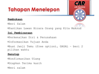 Pembukaan
◊Beri Salam
◊Pastikan Lawan Bicara Orang yang Kita Maksud
Isi Pembicaraan
◊Perkenalkan Diri & Perusahaan
◊Informasikan Tujuan Anda
◊Buat Janji Temu (free option), GAGAL – beri 2
pilihan waktu
Penutup
◊Konfirmasikan Ulang
◊Ucapkan Terima kasih
◊Beri salam
 