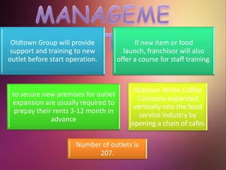 Oldtown Group will provide
support and training to new
outlet before start operation.
If new item or food
launch, franchisor will also
offer a course for staff training.
to secure new premises for outlet
expansion are usually required to
prepay their rents 3-12 month in
advance
Oldtown White Coffee
Company expanded
vertically into the food
service industry by
opening a chain of cafes
Number of outlets is
207.
 