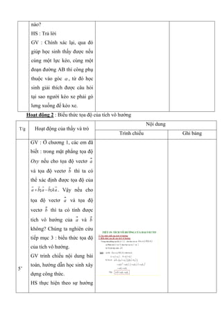 nào?
HS : Trả lời
GV : Chính xác lại, qua đó
giúp học sinh thấy được nếu
cùng một lực kéo, cùng một
đoạn đường AB thì công phụ
thuộc vào góc  , từ đó học
sinh giải thích được câu hỏi
tại sao người kéo xe phải gò
lưng xuống để kéo xe.
Hoạt động 2 : Biểu thức tọa độ của tích vô hướng
T/g Hoạt động của thầy và trò
Nội dung
Trình chiếu Ghi bảng
5’
GV : Ở chương 1, các em đã
biết : trong mặt phẳng tọa độ
Oxy nếu cho tọa độ vectơ a
và tọa độ vectơ b thì ta có
thể xác định được tọa độ của
; ;a b a b ka  . Vậy nếu cho
tọa độ vectơ a và tọa độ
vectơ b thì ta có tính được
tích vô hướng của a và b
không? Chúng ta nghiên cứu
tiếp mục 3 : biểu thức tọa độ
của tích vô hướng.
GV trình chiếu nội dung bài
toán, hướng dẫn học sinh xây
dựng công thức.
HS thực hiện theo sự hướng
TIẾT 19: TÍCH VÔ HƯỚNG CỦA HAI VECTƠ
2. Các tính chất của tích vô hướng
3. Biểu thức tọa độ của tích vô hướng
Trong mặt phẳng tọa độ , cho hai vec tơ .
a) Phân tích và theo hai vec tơ và
b) Từ đó hãy tính
 ; ;O i j    1 2 1 2; , ;a a a b b b
a b i j
.a b
Giải : a) Do nên ta có :   1 2 1 2; , ;a a a b b b
1 2 1 2;a a i a j b b i b j   
b) Ta có :    1 2 1 2. .a b a i a j b i b j  
2 2
1 1 1 2 2 1 2 2. . . .a b i a b i j a b j i a b j   
1 1 2 2a b a b 
Vậy : 1 1 2 2.  a b a b a b
 
