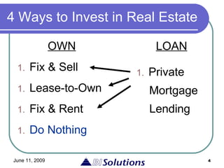 4 Ways to Invest in Real Estate LOAN OWN Do Nothing  Lending Fix & Rent Mortgage Lease-to-Own Private Fix & Sell 