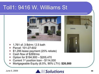 Toll1: 9416 W. Williams St 1,761 sf; 3 Bdrm / 2.5 bath Parcel: 101-27-602 $1,295 lease payment (25% rebate) Cash flow of $269/mo Option for $194,900 – $205,470 Current 1 st  position loan - $114,000 Mortgageable Equity (6.5%, 90% LTV):  $26,000 