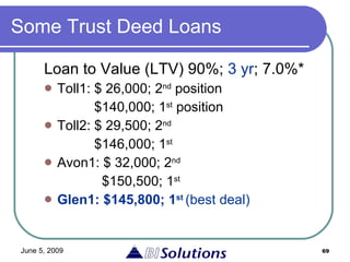 Some Trust Deed Loans Loan to Value (LTV) 90%;  3 yr ; 7.0%* Toll1: $ 26,000; 2 nd  position   $140,000; 1 st  position Toll2: $ 29,500; 2 nd     $146,000; 1 st Avon1: $ 32,000; 2 nd     $150,500; 1 st Glen1: $145,800; 1 st  (best deal) 