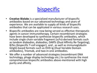 bispecific
• Creative Biolabs is a specialized manufacturer of bispecific
antibodies based on our advanced technology and years of
experience. We are available to supply all kinds of bispecific
antibodies that can be applicated in various research uses.
• Bispecific antibodies are now being served as effective therapeutic
agents in cancer immunotherapy. Certain recombinant strategies
have been developed to synthesize bispecific antibodies, which
include single chain variable fragment (scFv)-derived formats such
as tandem diabodies, diabodies, DARTs (Dual Affinity Re-Targeting),
BiTes (bispecific T-cell engager), and , as well as immunoglobulin
G(IgG)-based formats such as DVD-Ig (Dual Variable Domain
antibodies), Triomab, and two-in-one antibodies.
• We offer a number of advanced strategies (recombinant DNA
technology, phage display technology etc.) to synthesize the most
comprehensive bispecific antibodies above-mentioned with high
purity and affinity.
 
