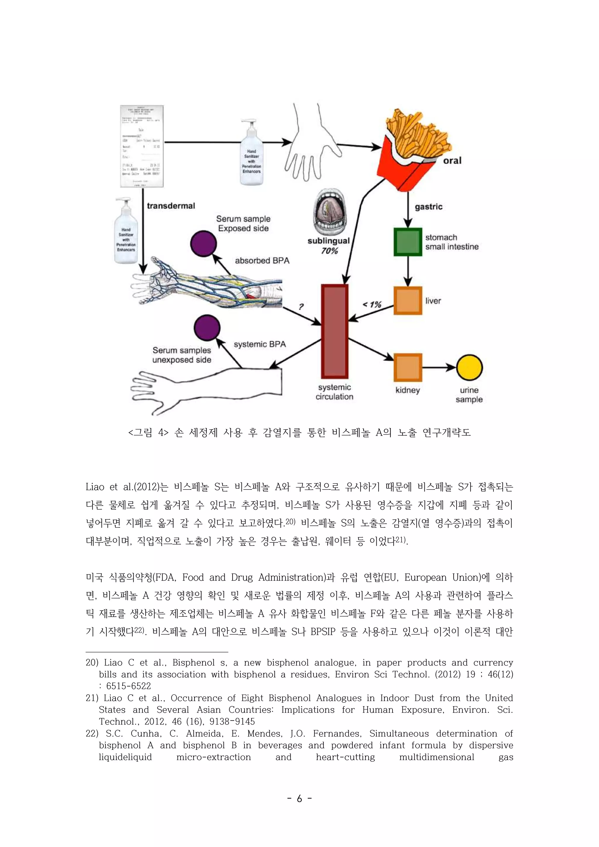 - 6 -
<그림 4> 손 세정제 사용 후 감열지를 통한 비스페놀 A의 노출 연구개략도
Liao et al.(2012)는 비스페놀 S는 비스페놀 A와 구조적으로 유사하기 때문에 비스페놀 S가 접촉되는
다른 물체로 쉽게 옮겨질 수 있다고 추정되며, 비스페놀 S가 사용된 영수증을 지갑에 지폐 등과 같이
넣어두면 지폐로 옮겨 갈 수 있다고 보고하였다.20) 비스페놀 S의 노출은 감열지(열 영수증)과의 접촉이
대부분이며, 직업적으로 노출이 가장 높은 경우는 출납원, 웨이터 등 이었다21).
미국 식품의약청(FDA, Food and Drug Administration)과 유럽 연합(EU, European Union)에 의하
면, 비스페놀 A 건강 영향의 확인 및 새로운 법률의 제정 이후, 비스페놀 A의 사용과 관련하여 플라스
틱 재료를 생산하는 제조업체는 비스페놀 A 유사 화합물인 비스페놀 F와 같은 다른 페놀 분자를 사용하
기 시작했다22). 비스페놀 A의 대안으로 비스페놀 S나 BPSIP 등을 사용하고 있으나 이것이 이론적 대안
20) Liao C et al., Bisphenol s, a new bisphenol analogue, in paper products and currency
bills and its association with bisphenol a residues, Environ Sci Technol. (2012) 19 ; 46(12)
: 6515-6522
21) Liao C et al., Occurrence of Eight Bisphenol Analogues in Indoor Dust from the United
States and Several Asian Countries: Implications for Human Exposure, Environ. Sci.
Technol., 2012, 46 (16), 9138–9145
22) S.C. Cunha, C. Almeida, E. Mendes, J.O. Fernandes, Simultaneous determination of
bisphenol A and bisphenol B in beverages and powdered infant formula by dispersive
liquideliquid micro-extraction and heart-cutting multidimensional gas
 