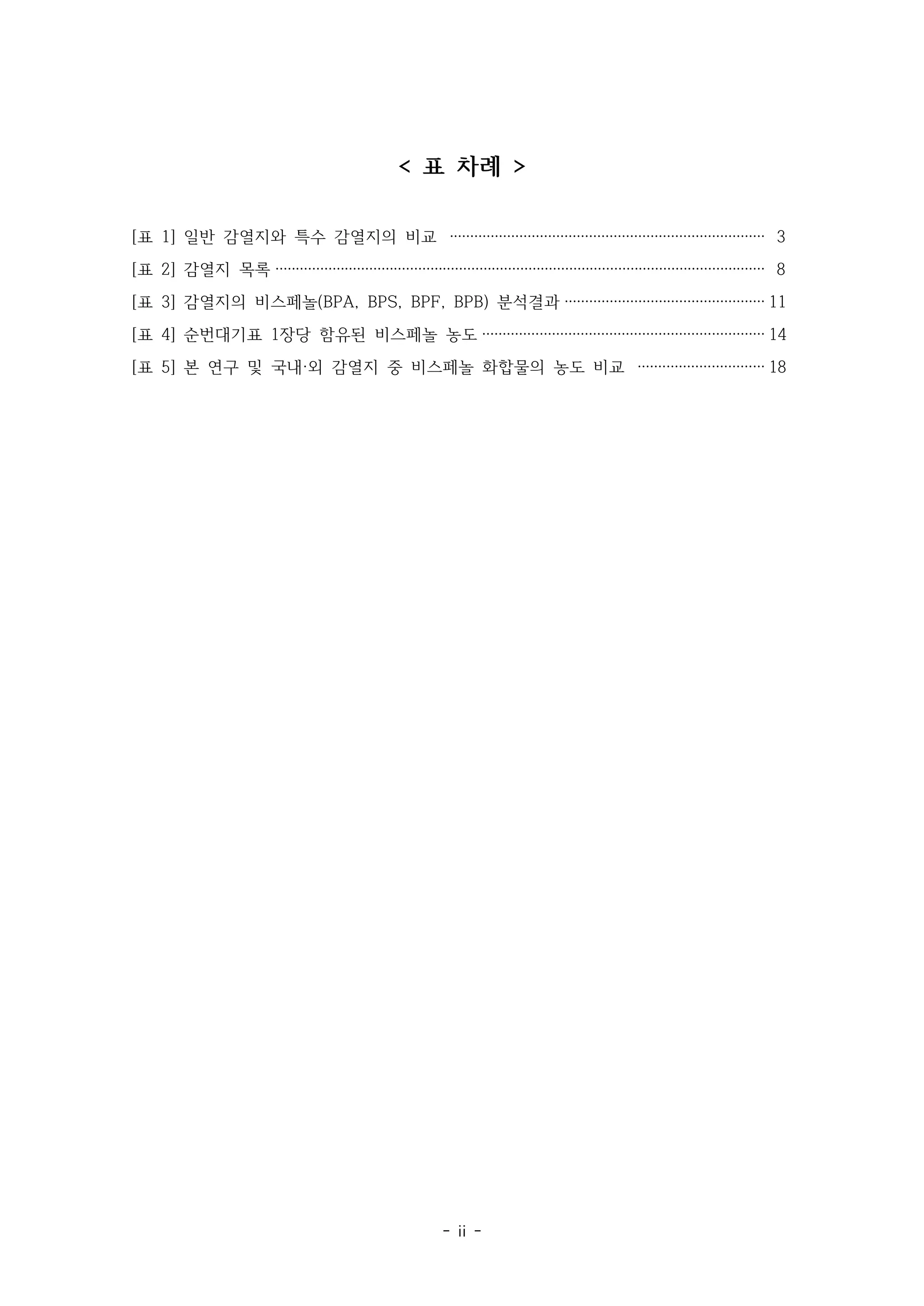 - ii -
< 표 차례 >
[표 1] 일반 감열지와 특수 감열지의 비교 ············································································· 3
[표 2] 감열지 목록 ························································································································ 8
[표 3] 감열지의 비스페놀(BPA, BPS, BPF, BPB) 분석결과 ················································· 11
[표 4] 순번대기표 1장당 함유된 비스페놀 농도 ····································································· 14
[표 5] 본 연구 및 국내·외 감열지 중 비스페놀 화합물의 농도 비교 ······························· 18
 