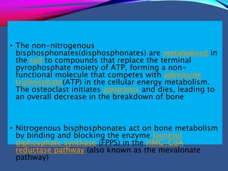 • The non-nitrogenous
bisphosphonates(disphosphonates) are metabolised in
the cell to compounds that replace the terminal
pyrophosphate moiety of ATP, forming a non-
functional molecule that competes with adenosine
triphosphate(ATP) in the cellular energy metabolism.
The osteoclast initiates apoptosis and dies, leading to
an overall decrease in the breakdown of bone
• Nitrogenous bisphosphonates act on bone metabolism
by binding and blocking the enzyme farnesyl
diphosphate synthase (FPPS) in the HMG-CoA
reductase pathway (also known as the mevalonate
pathway)
 
