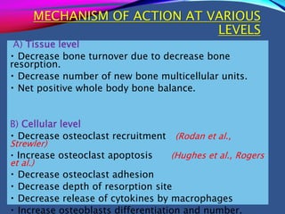 MECHANISM OF ACTION AT VARIOUS
LEVELS
A) Tissue level
Decrease bone turnover due to decrease bone
resorption.
Decrease number of new bone multicellular units.
Net positive whole body bone balance.
B) Cellular level
Decrease osteoclast recruitment (Rodan et al.,
Strewler)
Increase osteoclast apoptosis (Hughes et al., Rogers
et al.)
Decrease osteoclast adhesion
Decrease depth of resorption site
Decrease release of cytokines by macrophages
Increase osteoblasts differentiation and number.
 