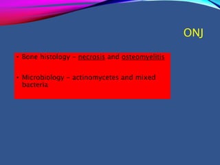ONJ
• Bone histology - necrosis and osteomyelitis
• Microbiology - actinomycetes and mixed
bacteria
 