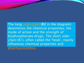 The long side-chain (R2 in the diagram)
determines the chemical properties, the
mode of action and the strength of
bisphosphonate drugs. The short side-
chain (R1), often called the 'hook', mainly
influences chemical properties and
pharmacokinetics.
 