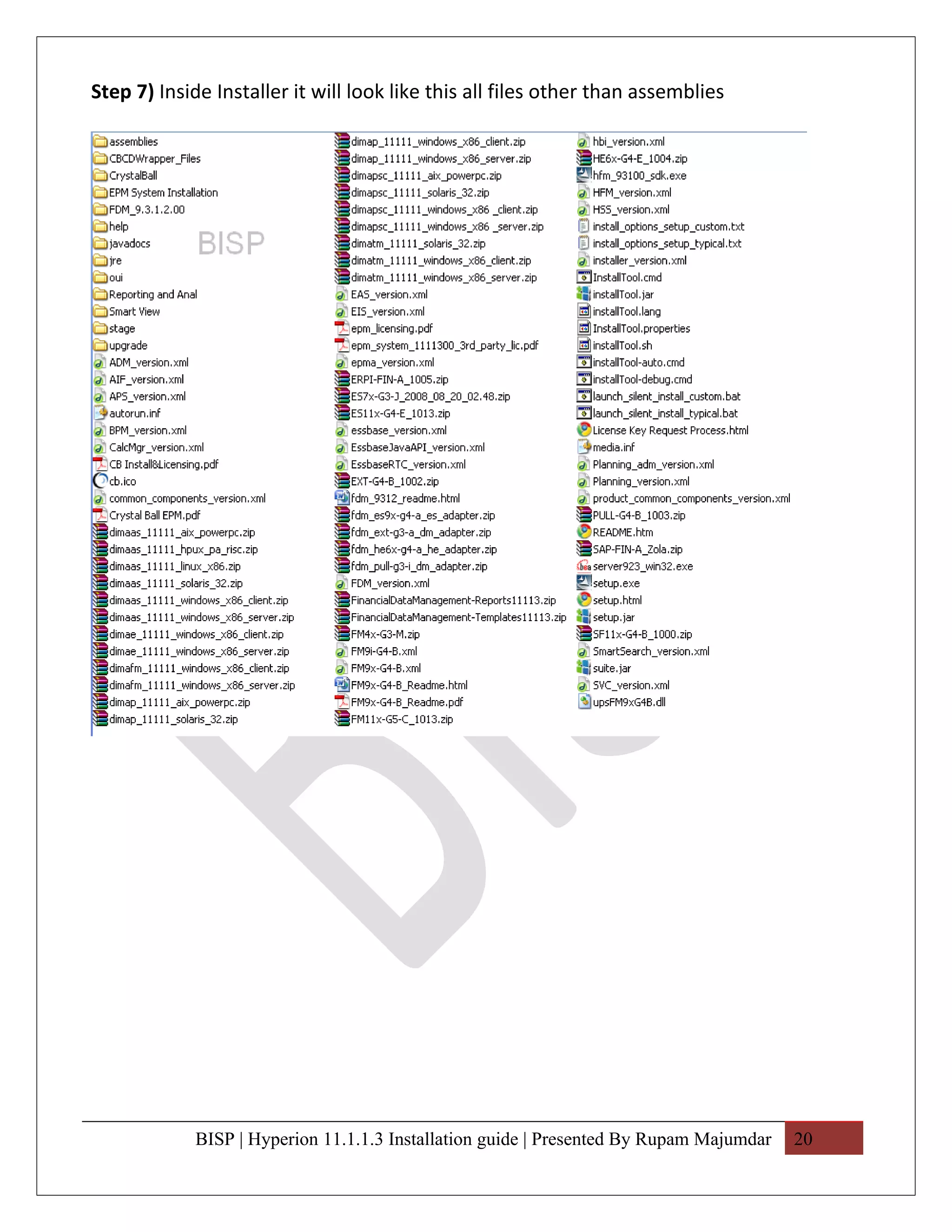 Step 7) Inside Installer it will look like this all files other than assemblies




             BISP | Hyperion 11.1.1.3 Installation guide | Presented By Rupam Majumdar   20
 