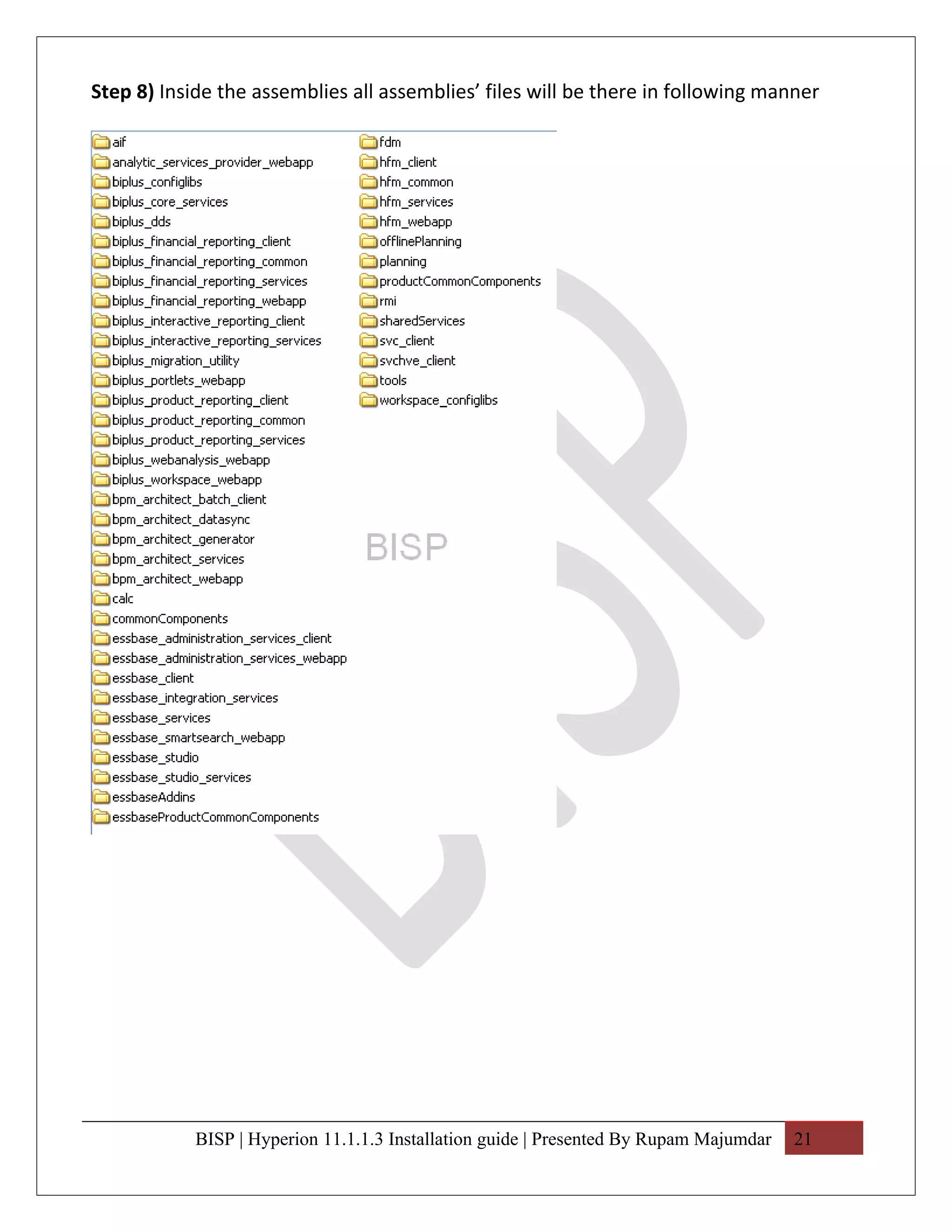 Step 8) Inside the assemblies all assemblies’ files will be there in following manner




            BISP | Hyperion 11.1.1.3 Installation guide | Presented By Rupam Majumdar   21
 