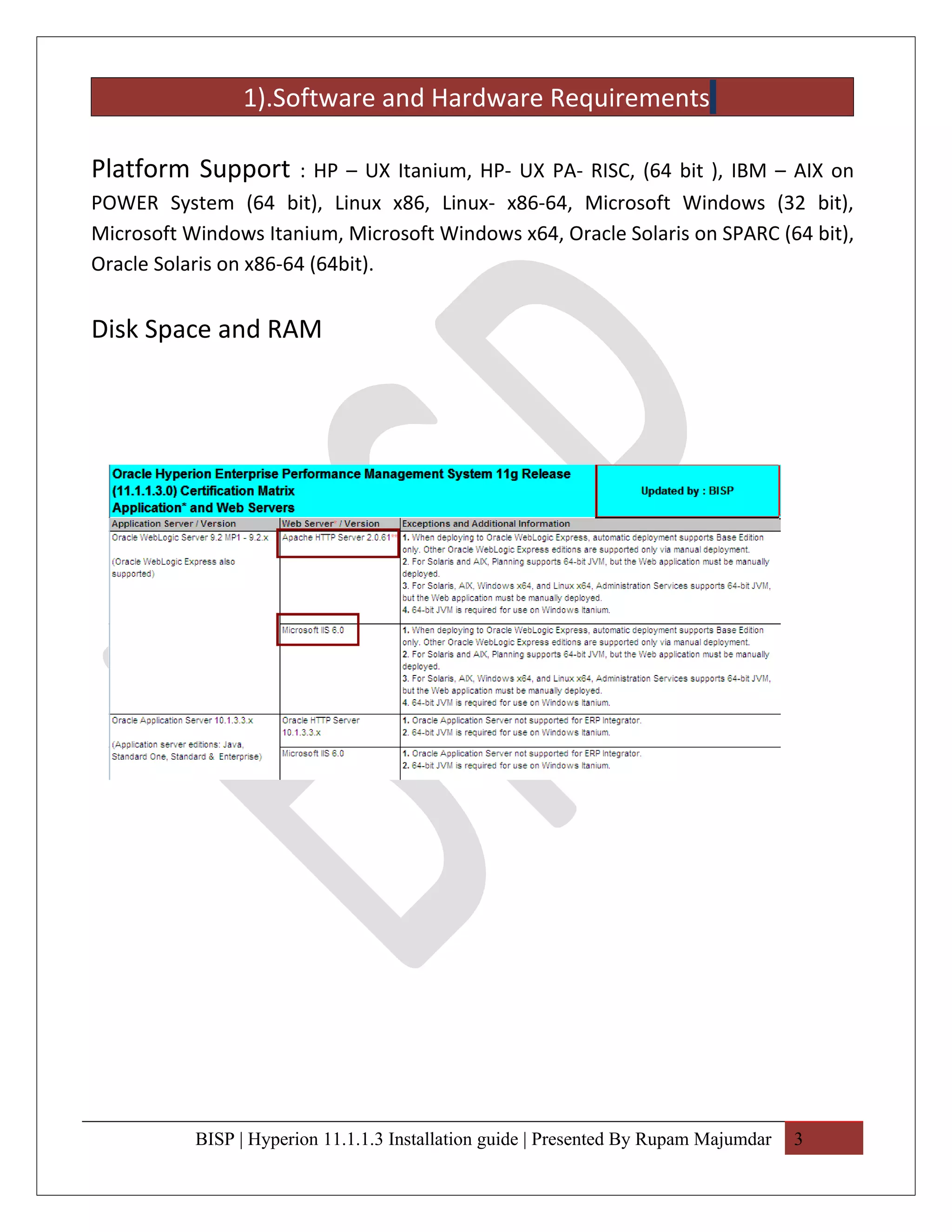 1).Software and Hardware Requirements

Platform Support        : HP – UX Itanium, HP- UX PA- RISC, (64 bit ), IBM – AIX on
POWER System (64 bit), Linux x86, Linux- x86-64, Microsoft Windows (32 bit),
Microsoft Windows Itanium, Microsoft Windows x64, Oracle Solaris on SPARC (64 bit),
Oracle Solaris on x86-64 (64bit).


Disk Space and RAM




           BISP | Hyperion 11.1.1.3 Installation guide | Presented By Rupam Majumdar   3
 