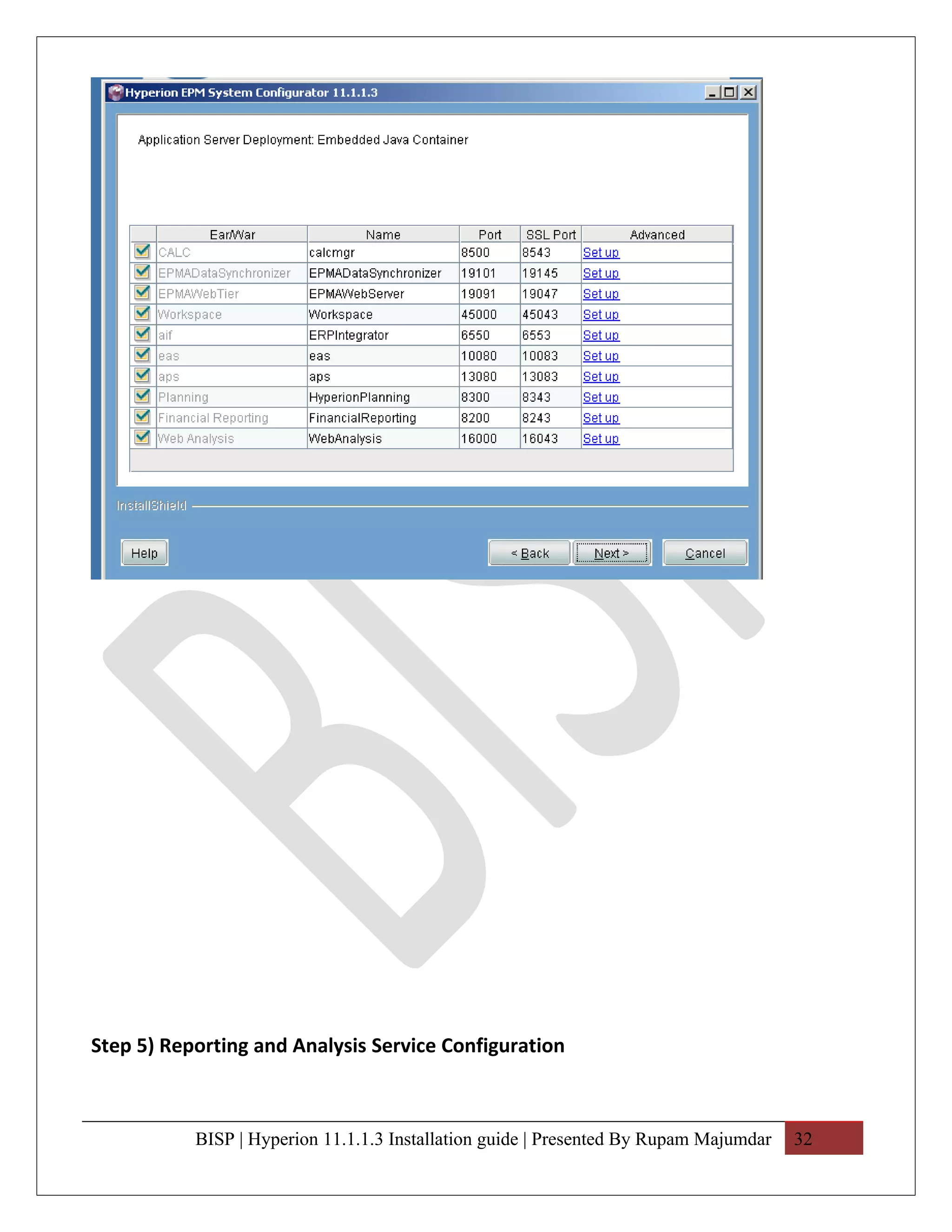 Step 5) Reporting and Analysis Service Configuration



           BISP | Hyperion 11.1.1.3 Installation guide | Presented By Rupam Majumdar   32
 