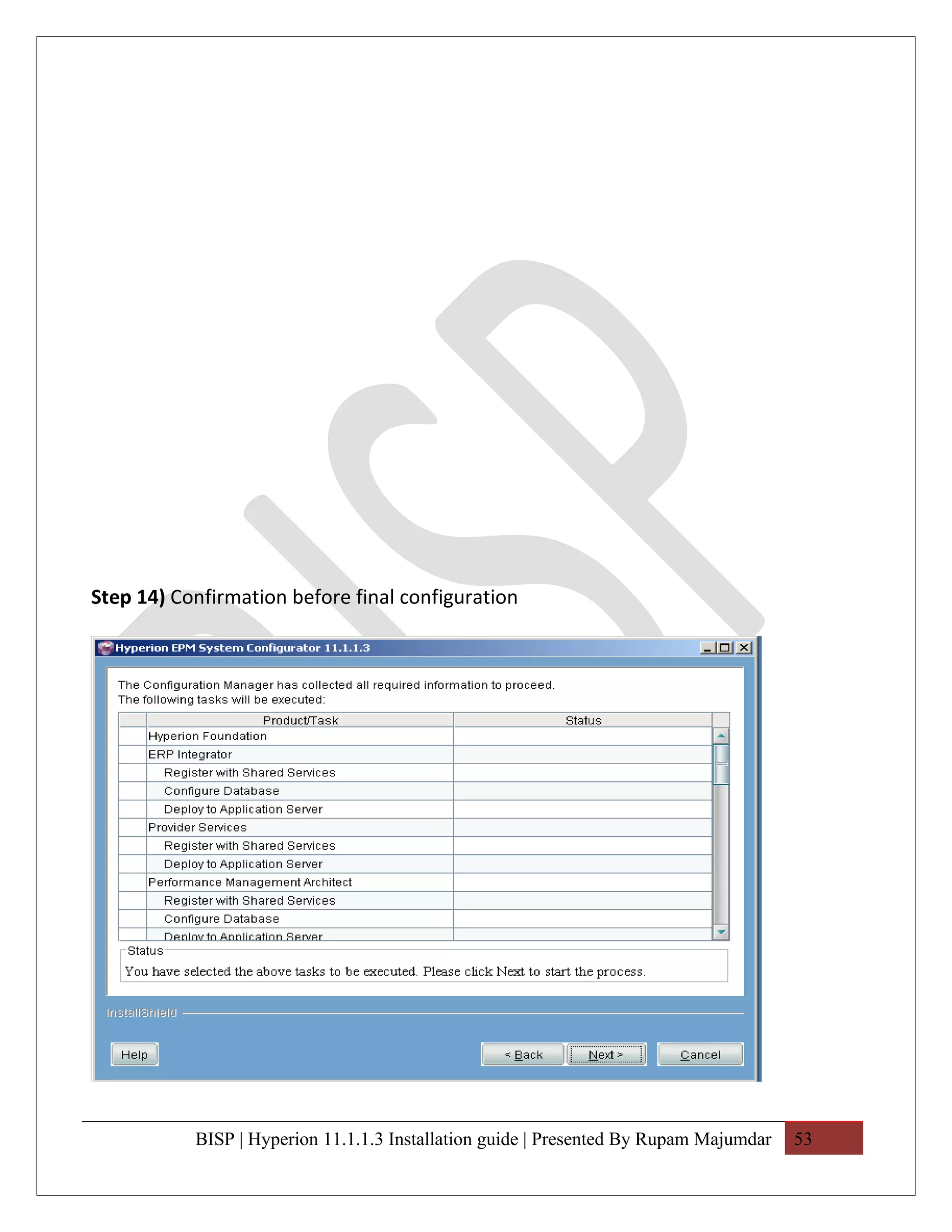 Step 14) Confirmation before final configuration




           BISP | Hyperion 11.1.1.3 Installation guide | Presented By Rupam Majumdar   53
 