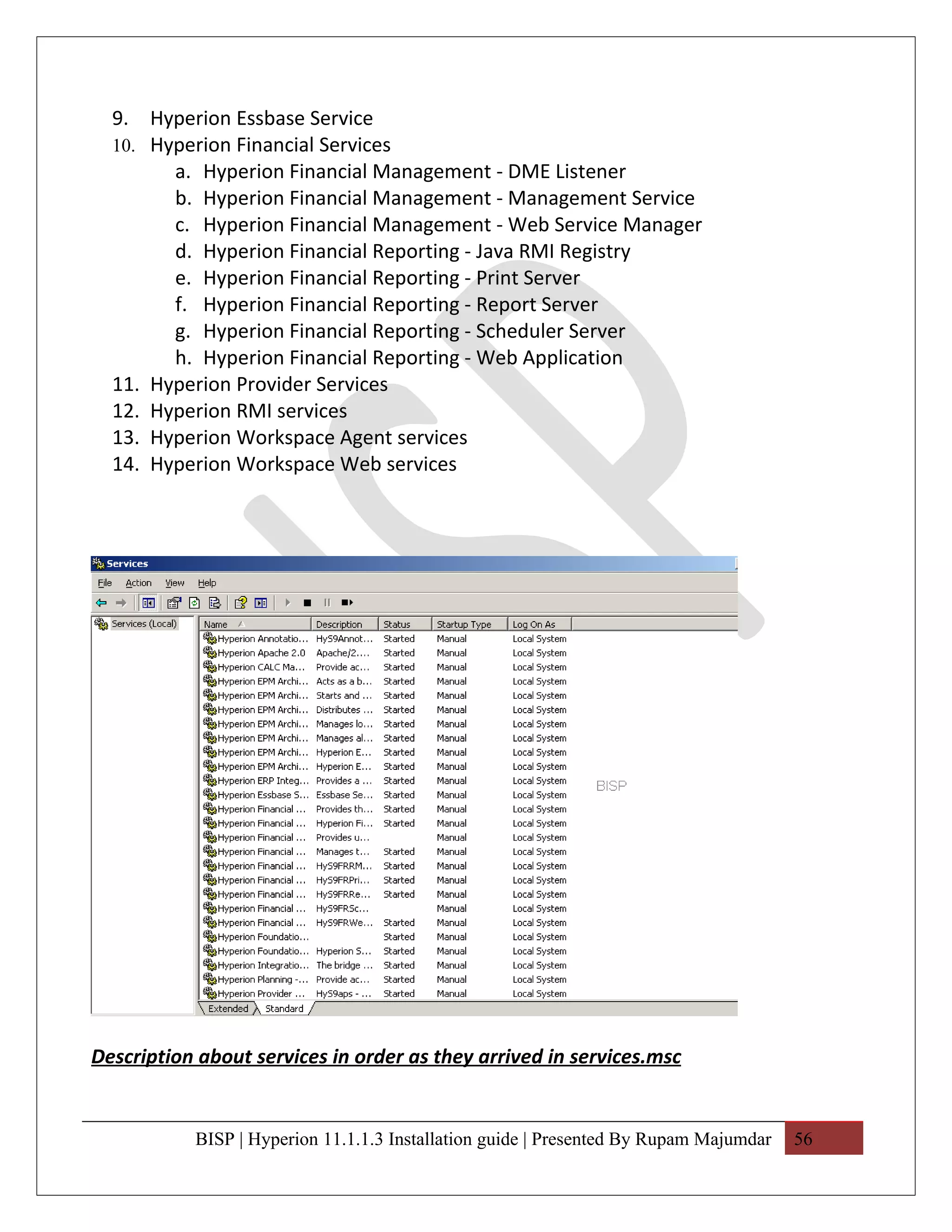 9. Hyperion Essbase Service
  10. Hyperion Financial Services
        a. Hyperion Financial Management - DME Listener
        b. Hyperion Financial Management - Management Service
        c. Hyperion Financial Management - Web Service Manager
        d. Hyperion Financial Reporting - Java RMI Registry
        e. Hyperion Financial Reporting - Print Server
        f. Hyperion Financial Reporting - Report Server
        g. Hyperion Financial Reporting - Scheduler Server
        h. Hyperion Financial Reporting - Web Application
  11. Hyperion Provider Services
  12. Hyperion RMI services
  13. Hyperion Workspace Agent services
  14. Hyperion Workspace Web services




Description about services in order as they arrived in services.msc


           BISP | Hyperion 11.1.1.3 Installation guide | Presented By Rupam Majumdar   56
 