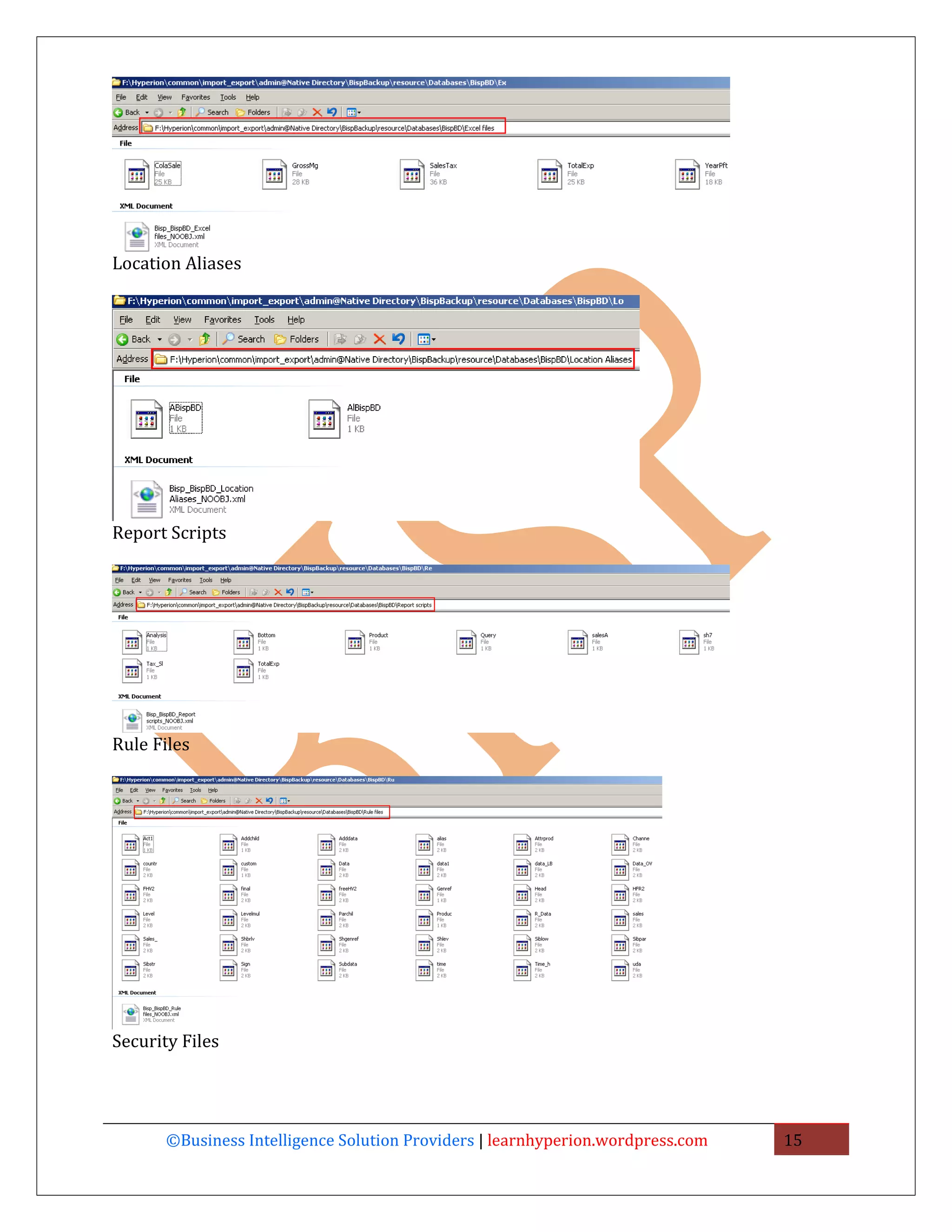 Location Aliases




Report Scripts




Rule Files




Security Files




       ©Business Intelligence Solution Providers | learnhyperion.wordpress.com   15
 