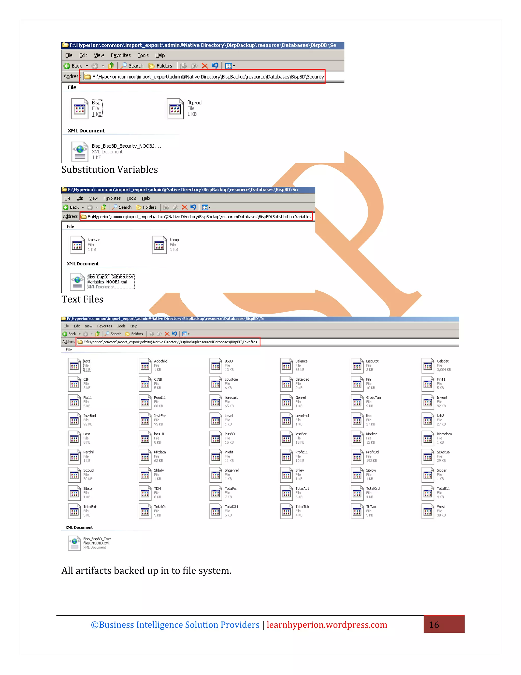 Substitution Variables




Text Files




All artifacts backed up in to file system.




       ©Business Intelligence Solution Providers | learnhyperion.wordpress.com   16
 