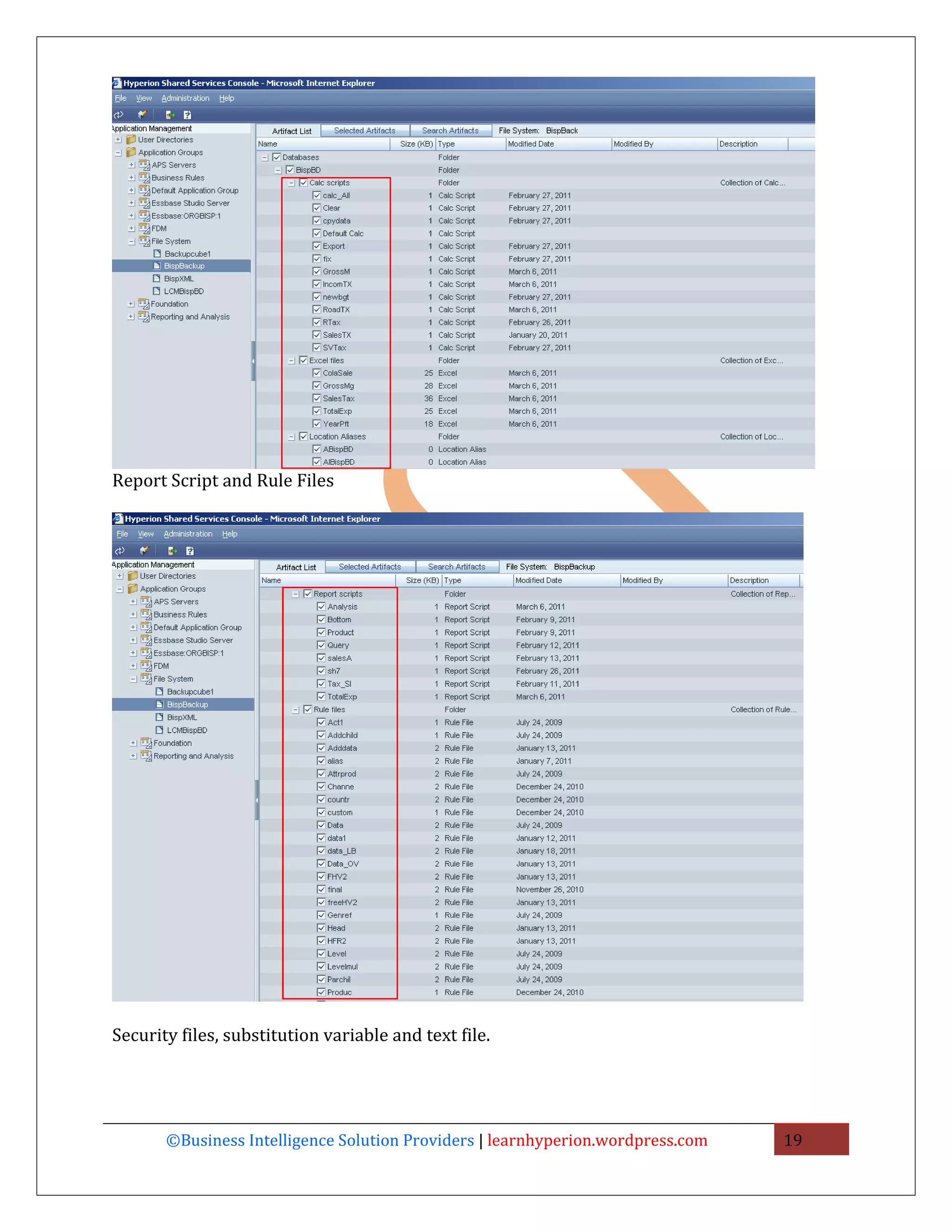 Report Script and Rule Files




Security files, substitution variable and text file.




       ©Business Intelligence Solution Providers | learnhyperion.wordpress.com   19
 