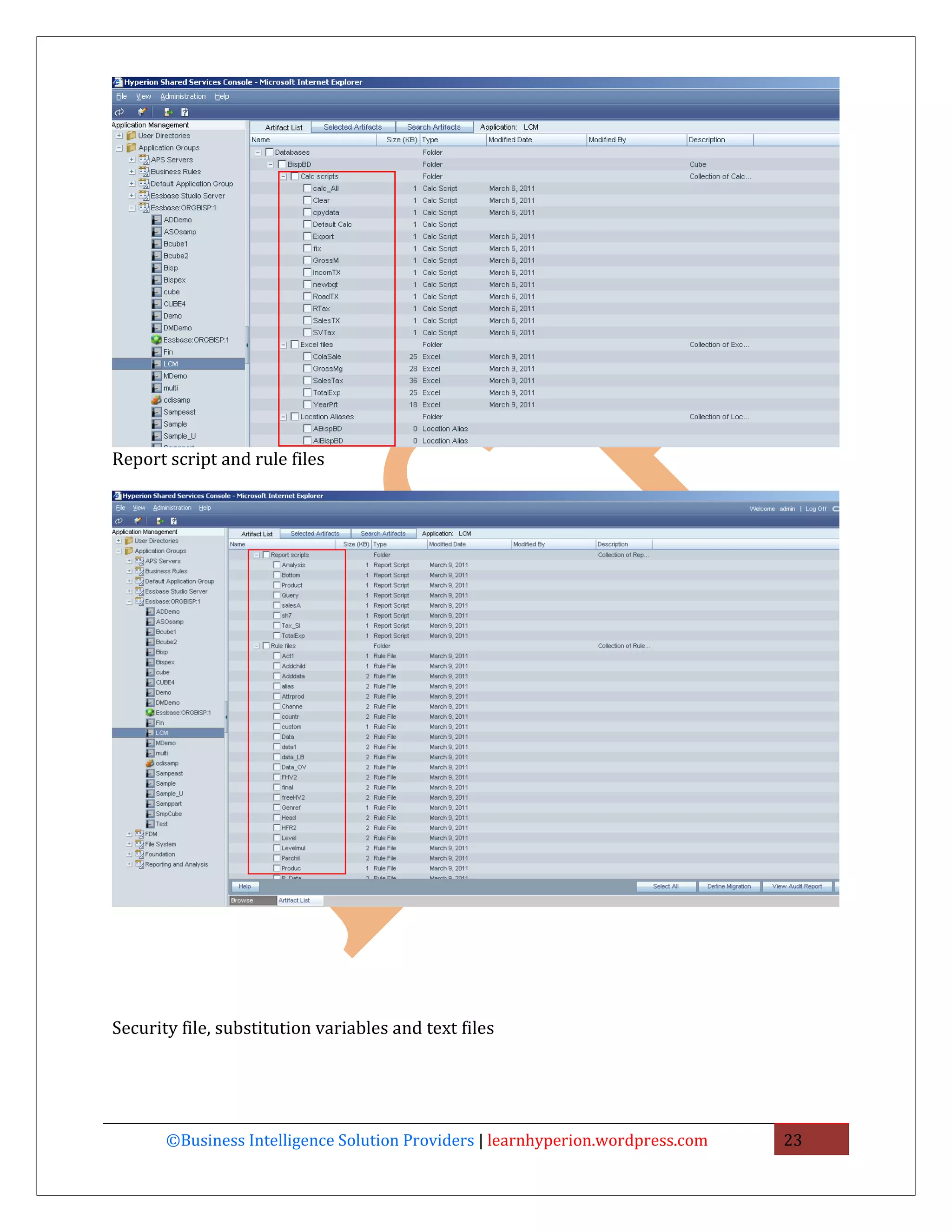 Report script and rule files




Security file, substitution variables and text files




       ©Business Intelligence Solution Providers | learnhyperion.wordpress.com   23
 