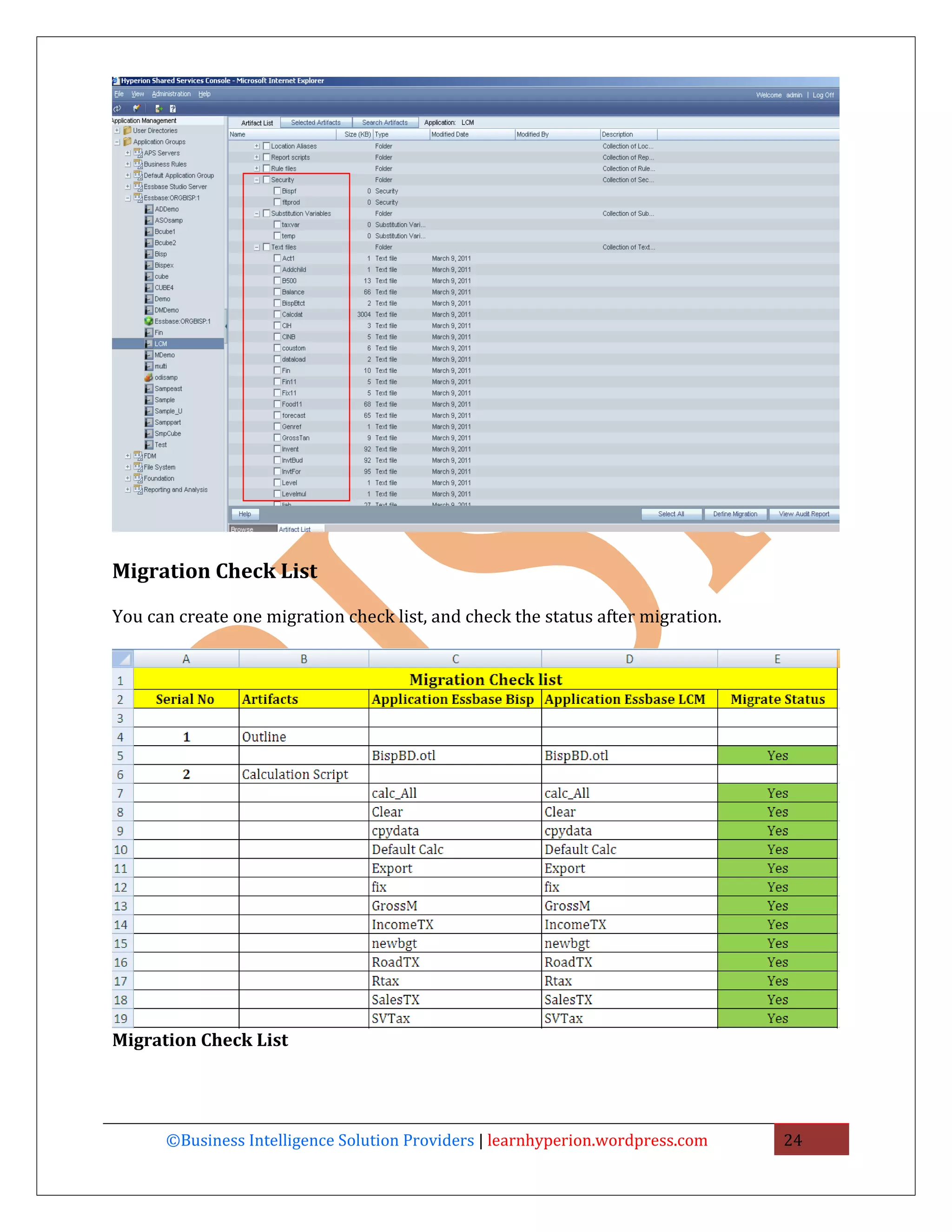 Migration Check List

You can create one migration check list, and check the status after migration.




Migration Check List




      ©Business Intelligence Solution Providers | learnhyperion.wordpress.com    24
 