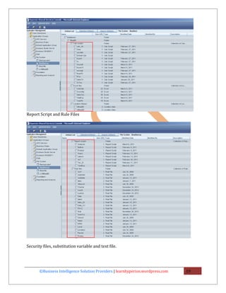 Report Script and Rule Files




Security files, substitution variable and text file.




       ©Business Intelligence Solution Providers | learnhyperion.wordpress.com   19
 