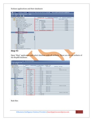 Essbase applications and their databases




Step #3

Open “Bisp” application and select database with all artifacts. These are the all artifacts of
the BispBD database.




Rule files




       ©Business Intelligence Solution Providers | learnhyperion.wordpress.com        9
 