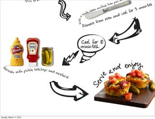 th
                              p i c k t o s ee                                              an a
                                                                                                 n
                                                                                           p
                                                                                                                     utes
                                                                                     f rom
                                                                              f in s
                                                                          m uf                                   min
                                                                   loose
                                                                        n
                                                                                                        f or 5
                                                            knife
                                                                 ,
                                                                                            nd   cool
                                                                                ov en a




                                                       With a
                                                                    from
                                                            Re move


                                                          Cool for 10
                                                          minutes.


                                                                                     d enjoy.
                                                                                   an
  Ga
                                 tchup, and
       rni
             s h wit h pickle, ke           mus
                                               tard




                                                                    r ve
                                                   .



                                                                Se

Sunday, March 17, 2013
 